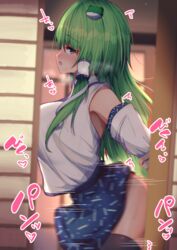 1girls arms_behind_back black_thighhighs darumoon dress from_behind green_hair hair_ornament heavy_breathing implied_sex japanese_text long_hair looking_at_viewer miko motion_blur motion_lines offscreen_sex open_mouth prison_guard_position sanae_kochiya sex skirt spoken_heart standing standing_sex straight text thighhighs touhou