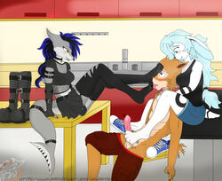 anthro bench blue_hair blush bodily_fluids boots bottomwear breasts canid canine cassius_thylacine chair clothed clothing converse_shoes cum cum_on_penis dark dasyuromorph dyed-hair erection feet female fish fishnet foot_fetish foot_focus foot_lick foot_play foot_sniffing footjob footwear fox furniture genital_fluids genitals goth group group_sex hair invalid_tag jhowratao kitchen legwear licking male male/female mammal marine marsupial partially_clothed penis removed_clothing sasha_(sashashark) sex shark shoes shorts shorts_down sitting skirt sniffing spread_toes stockings table threesome thylacine toes tongue tongue_out