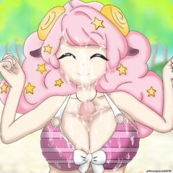 big_breasts bikini closed_eyes cum cum_on_breasts cum_on_clothes cum_on_face cumshot happy large_breasts moa_(show_by_rock!!) paizuri paizuri_under_clothes pink_hair show_by_rock!!