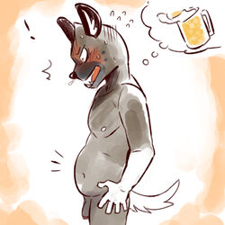 ! 1:1 aggressive_retsuko alcohol anthro beer belly beverage blush bodily_fluids flaccid genitals haida hi_res humanoid_genitalia humanoid_penis hyaenid looking_down male mammal nikunabe1989 nude open_mouth penis sanrio smooth_skin snot solo sweat thought_bubble underbite