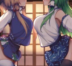 2girls arms_behind_back black_thighhighs blonde_hair breasts_to_breasts darumoon dress green_hair hair_ornament hair_ribbon implied_sex long_hair miko multiple_girls offscreen_sex open_mouth prison_guard_position sanae_kochiya sex skirt standing standing_sex straight suwako_moriya thighhighs touhou white_thighhighs