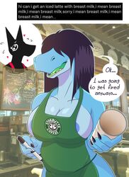 anthro apron apron_only big_breasts black_fur blue_scales breasts busty canine epileptic_goat green_tongue hair_over_eyes heart huge_breasts iced_latte_with_breast_milk large_breasts meme naked_apron reptile roxy starbucks sweatdrop tagme text text_bubble text_on_clothing