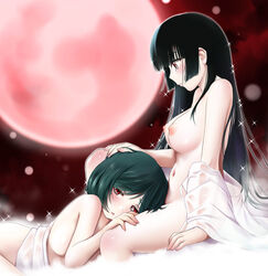 2girls black_hair blush breasts commentary_request enma_ai from_side full_moon hand_on_another's_head hand_on_another's_thigh hime_cut jigoku_shoujo kozue_akari lap_pillow long_hair medium_breasts moon multiple_girls navel nude parted_lips red_eyes red_moon sagae_michiru sitting sparkle yuri