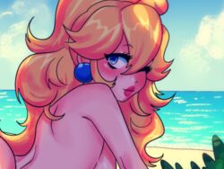 beach blonde_hair blue_eyes cropped earrings eyelashes female looking_at_viewer looking_back mario_(series) naked princess_peach rumblyf solo tropical wink