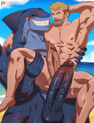 2boys abs anthro balls beach biceps big_dom_small_sub big_penis blonde_hair blue_body bodily_fluids clenched_teeth cresxart dc dc_comics dominant dominant_anthro dripping duo erection eye_contact eye_scar facial_scar fish gay genital_fluids genitals grin hair hi_res holding_partner huge_cock human human_on_anthro humanoid_genitalia humanoid_penis imminent_anal imminent_sex interspecies interspecies_yaoi john_constantine king_shark larger_anthro light-skinned_male light_skin long_penis looking_at_another male male/male male_only mammal marine muscular muscular_anthro muscular_human muscular_male navel nude pecs penis precum precum_drip red_eyes retracted_foreskin sand scar seaside shark sharp_teeth size_difference smaller_human smile submissive submissive_human teeth thick_penis vein veiny_penis water yaoi