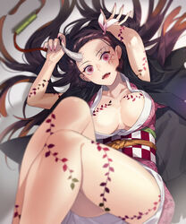 aged_up big_breasts black_hair body_markings dark_hair demon_girl demon_slayer fangs female female_only gag_bondage gag_removed hair_ribbon haori horn kamado_nezuko kimetsu_no_yaiba kimono long_hair looking_at_viewer nezuko_(demon_form) no_bra obi on_back open_kimono open_mouth pink_eyes sharp_fingernails slit_pupils solo two_tone_hair ujou wide_eyed