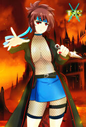 angry breasts brown_hair curvy elaimia elaimia_besolei headband logo looking_at_viewer nipples original original_character painted_nails red_eyes sacredcourage short_hair skirt solo solo_female the_legendary_tauran'creima the_legendary_tauran'creima:_star_beings_of_the_universe trenchcoat weapon