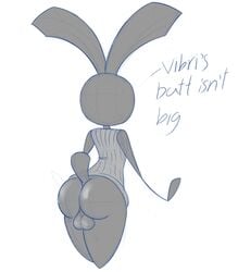 anthro ass backsack balls big_butt clothed clothing digital_media_(artwork) dress_shirt english_text fatalafterdark genitals hi_res lagomorph leporid long_ears male mammal partially_clothed rabbit rear_view shirt simple_background solo text thick_thighs topwear vib-ribbon vibri video_games white_background wide_hips