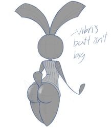 anthro ass big_butt clothed clothing digital_media_(artwork) dress_shirt english_text fatalafterdark female genitals hi_res lagomorph leporid long_ears mammal partially_clothed pussy rabbit rear_view shirt simple_background solo text thick_thighs topwear vib-ribbon vibri video_games white_background wide_hips