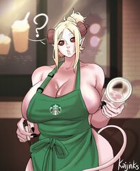 blonde_hair busty demon_girl female female_focus female_only horns hourglass_figure iced_latte_with_breast_milk kaijinks meme pink_skin red_eyes solo starbucks tagme tail wide_hips