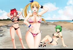 3girls beach big_breasts bikini black_bikini blonde_hair brandish_mew breasts brown_eyes curvy curvy_hips erza_scarlet fairy_tail female female_only green_hair high_heels hourglass_figure kisi86 lucy_heartfilia open_mouth pink_bikini ponytail red_hair side-tie_bikini string_bikini tattoo thick_thighs thighs twintails waist wide_hips