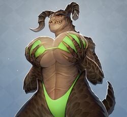 1girls alternate_version_available anthro anthro_only big_breasts bikini breasts_grab brown_scales claws countershading deathclaw derek_hetrick fallout female female_deathclaw female_only green_bikini hi_res horns looking_at_viewer monster monster_girl orange_eyes scales scalie sharp_teeth slit_pupils solo solo_female solo_focus tail viewed_from_below