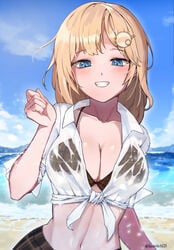 1girls beach bikini bikini_under_clothes blonde_hair blue_eyes blush breasts brown_bikini grin hair_ornament hololive hololive_english hololive_myth iver_(reviolet) large_breasts looking_at_viewer naughty_face navel ocean see-through see-through_shirt shirt smile solo stomach swimsuit virtual_youtuber watson_amelia waves wet wet_clothes wet_shirt white_shirt