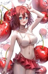 1girls animal_ears big_breasts blue_eyes cherries fox_ears hand_on_head minttchocok red_fingernails red_flower red_hair red_leotard short_hair swimsuit tagme water white_bra