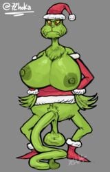 1futa 72hoka angry christmas_outfit dickgirl dr_seuss flaccid_penis futa_only futanari green_skin grinch how_the_grinch_stole_christmas huge_breasts humanoid_penis hyper hyper_penis intersex long_penis penis santa_costume santa_hat solo what