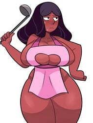 1girls apron asian asian_female black_hair cartoon_network cleavage cleavage_cutout dark-skinned_female dark_skin female female_focus female_only huge_breasts indian indian_female kitchen_utensils long_hair looking_away mature mature_female milf mother naked naked_apron priyanka_maheswaran south_asian south_asian_female steven_universe straight_hair superspoe sweatdrop thick_thighs wide_hips