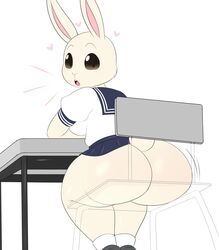 1girls adorable against_glass anthro ass ass_on_glass beastars big_ass big_butt blush bottomwear breasts bubble_butt chair clothed clothing clothing_too_small cute cute_face dark_eyes desk eyebrows female female_only footwear furniture haru_(beastars) heart hi_res highres huge_ass huge_butt jinu lagomorph large_ass legwear leporid looking_at_viewer looking_back mammal mostly_clothed no_underwear on_glass open_mouth patreon rabbit raised_eyebrows rear_view school_uniform see-through serafuku shortstack sideboob simple_background sitting skirt socks solo solo_female surprise tail tan_body text thick_thighs transparent_seat uniform url white_background white_body white_fur wide_hips