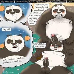 1:1 2021 anthro ari_guardian balls balls_on_face belly black_body black_fur black_nose blush bodily_fluids closed_eyes comic dialogue dreamworks duo english_text erection father father_and_child father_and_son food foreskin fruit fur genital_fluids genitals giant_panda glans hi_res humanoid_genitalia humanoid_hands humanoid_penis incest kung_fu_panda li_shan_(kung_fu_panda) lying male male/male mammal master_po_ping meme moobs nipples outside overweight overweight_male parent parent_and_child partially_retracted_foreskin peach_(fruit) penis plant precum sitting son text these_aren't_my_glasses uncut ursid white_body white_fur yaoi