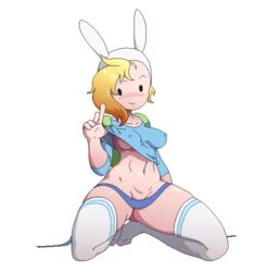 adventure_time backpack bag blonde_hair blush breasts cartoon_network dot_eyes fionna_the_human_girl headwear human legwear mob_face nipple_bulge nipples pale_skin shirt_lift simple_background stockings sub-neamo thighs white_background