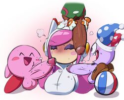 1girls 2d_(artwork) 3boys annoyed_expression bimbo dark-skinned_male foursome jester kirby kirby_(series) kirby_planet_robobot kirby_star_allies kirby_triple_deluxe marx mouthless mouthless_female pink_skin purple_body spider susanna_patrya_haltmann susie_(kirby) tagme taranza waddling_head