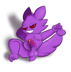 absurd_res alpha_channel anthro anthrofied balls bodily_fluids chubby_male fuzefurry gengar genital_fluids genitals hi_res looking_at_viewer male nintendo penis pokémon_(species) pokémorph pokemon precum slightly_chubby smile solo tagme video_games wet wet_penis