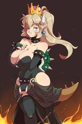 1girls arm_gloves armlet black_fingernails blonde_hair blue_eyes bowsette bracelet cleavage collar earrings female female_only hi_res horns leokingdom leotard light_blush long_hair looking_away mario_(series) new_super_mario_bros._u_deluxe nintendo nipple_bulge pointy_ears ponytail shell solo solo_female spiked_armlet spiked_bracelet spiked_collar spiked_shell stockings super_crown tail