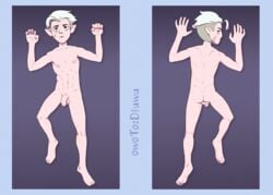 1boy abs ass blonde_hair chipped_ear chipped_tooth confused dakimakura dakimakura_design elf_ears eye_bags flaccid flaccid_penis golden_guard hunter hunter_(the_owl_house) legs_apart looking_at_viewer looking_back lying lying_on_back lying_on_stomach male_only naked nude nude_male owotodiuwu pale_skin penis pointy_ears purple_eyes scar smooth_skin the_owl_house tooth_gap two_tone_hair undercut witch