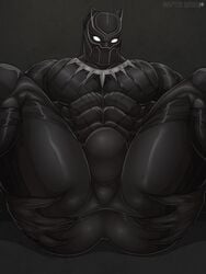 1boy 2018 artist_name artist_signature ass_focus ass_grab bara black_bodysuit black_panther_(marvel) bodysuit bulge cat_ears claws come_hither dark-skinned_male dark_skin gay highres huge_ass inviting male_only marvel marvel_cinematic_universe marvel_comics mask masked nivyx patreon superhero t'challa tight_clothing yaoi