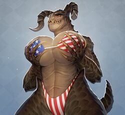 1girls american_flag anthro anthro_only big_breasts bikini breasts_grab brown_scales claws countershading deathclaw derek_hetrick fallout female female_deathclaw female_only hi_res horns looking_at_viewer monster monster_girl orange_eyes scales scalie sharp_teeth slit_pupils solo solo_female solo_focus tail viewed_from_below