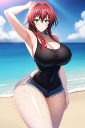 ai_generated black_tank_top blue_eyes curvy curvy_figure front_view front_view_focus gigantic_ass high_school_dxd huge_ass huge_breasts long_hair looking_at_viewer nai_diffusion red_hair rias_gremory seductive_smile shiny_hair shiny_skin short_shorts stable_diffusion sweaty_body thick_thighs thunder_thighs voluptuous wide_hips