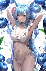 1girls big_breasts blue_hair blueberries blush fox_ears hands_behind_head long_hair minttchocok pink_eyes red_eyes swimsuit tagme water white_bra white_panties