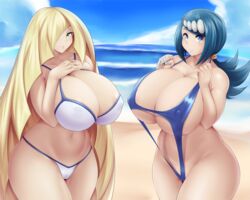 2girls aether_foundation alternate_breast_size beach belly big_breasts bikini blonde_hair blue_eyes blue_hair blush boobs_bang breasts_to_breasts chubby eye_contact female female_only green_eyes hair_ornament hair_over_one_eye half-closed_eyes huge_breasts human human_only lana's_mother_(pokemon) large_breasts looking_at_viewer lusamine_(pokemon) milf mleonheart mother multiple_girls navel nintendo no_pubic_hair pokemon pokemon_sm pussy smile tagme thick_thighs voluptuous wide_hips