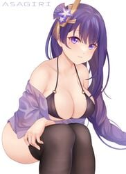 asagiri barely_clothed barely_contained beauty_mark blush breasts genshin_impact highres large_breasts mole mole_under_eye purple_eyes purple_hair raiden_shogun revealing_clothes thick_thighs thighhighs thighs