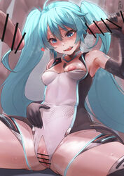 1girls 2boys ahoge aqua_eyes aqua_hair bangs bar_censor bare_shoulders blush boots breasts censored choker covered_navel dark-skinned_male dark_skin double_handjob elbow_gloves female gloved_handjob gloves hatsune_miku highleg highleg_leotard highres interracial leotard licking_lips light-skinned_female light_skin long_hair looking_at_viewer medium_breasts mmf_threesome multiple_boys multiple_penises nipples padoruu penis pussy race_queen racing_miku racing_miku_(2011) sidelocks sleeveless smile solo thigh_boots thighhighs threesome tongue tongue_out twintails very_long_hair vocaloid