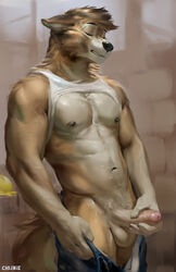 1boy 2021 abs anthro balls bodily_fluids canid canine canis chunie claws closed_eyes clothed clothing detailed_background digital_media_(artwork) erection foreskin genital_fluids genitals glans hi_res humanoid_genitalia humanoid_penis male male_only mammal masturbation muscular muscular_male nipples partially_clothed partially_retracted_foreskin penile penile_masturbation penis precum solo uncut wolf