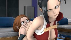 2girls 3d angry ass ass_on_face black_eyes black_hair breasts brown_eyes brown_hair duo facesitting female female_only fetishtrash momo_yaoyorozu my_hero_academia ochako_uraraka yuri