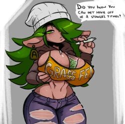 beanie beanie_hat between_breasts breast_lift candice_bliss_(octointerrupter) cow_ears cow_tag female green_eyes green_hair hoodie huge_breasts jellot marijuana marijuana_blunt ripped_clothing ripped_jeans ripped_pants solo sports_bra tan_skin thick_thighs wide_hips