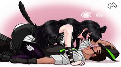 black_hair blake_belladonna blush blushing cat_ears faunus flynt_coal girl_on_top intimate on_back on_top rwby saro