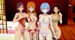 3d 4girls aged_up artist_request asuka_langley_sohryu big_breasts blue_eyes blue_hair bra breasts brown_hair choker collarbone female_only glasses hikari_horaki koikatsu lingerie lipstick mari_illustrious_makinami medium_breasts neon_genesis_evangelion nipples panties rebuild_of_evangelion red_eyes red_hair rei_ayanami short_hair small_breasts stockings