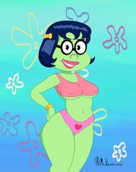 1girls ass black_eyes black_hair bracelet breasts day freckles glasses green_skin hair_ribbon heart_panties lipstick looking_at_viewer marine mermaid mr_valentine00 nickelodeon panties pink_lipstick pink_panties princess_mindy short_hair smile smooth_skin spongebob_squarepants teenager underboob