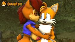 3d after_sex archie_comics blue_eyes breasts brown_body chipmunk closed_eyes eyelashes female fingers fox happy hug kissing male nipples omofox red_hair sally_acorn sonic_(series) tails tan_body yellow_body