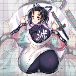 ass_focus back_view backboob big_ass black_hair blush butterfly_hair_ornament demon_slayer erspace female female_only fully_clothed haori huge_ass kimetsu_no_yaiba kochou_shinobu looking_at_viewer looking_back mousepad on_stomach purple_eyes smile solo sword two_tone_hair wide_hips