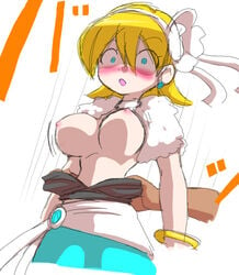 blonde_hair blue_eyes blush bouncing_breasts bracelet earrings forced_undressing gainaxing judy_(pop'n_music) large_breasts nollety open_mouth pop'n_music undressing