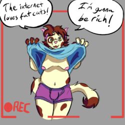 1:1 anthro briefs brown_hair clothed clothing clothing_lift domestic_cat dynamitegrizzly_(artist) english_text felid feline felis hair male mammal overweight presenting recording roger_mello_(dynamitegrizzly) shirt shirt_lift slightly_chubby solo text topwear turkish_van underwear