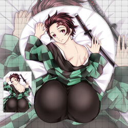 1boy ass_focus back_view big_ass black_legwear brown_hair bubble_ass bubble_butt checkered demon_slayer earrings erspace facial_mark femboy fully_clothed haori huge_ass kamado_tanjirou kimetsu_no_yaiba large_ass looking_at_viewer looking_back male male_only mousepad on_stomach pink_eyes plump_ass red_hair smile smiling_at_viewer solo sword tanjiro_kamado