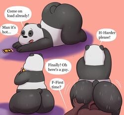 2021 absurd_res anal anthro ass big_butt bodily_fluids cartoon_network cellphone colossalstars dialogue duo english_text giant_panda hi_res lying male male/male mammal panda_(wbb) phone sex sitting slightly_chubby smartphone sweat text ursid we_bare_bears