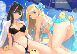 2girls all_fours aqua_eyes ass azur_lane bangs beach bent_over bikini black_hair blonde_hair blue_eyes blunt_bangs breasts centaur_(azur_lane) centaur_(beachside_undine)_(azur_lane) cleavage frilled_bikini frills green_eyes hand_on_own_chest hanging_breasts highleg highleg_bikini horns lace large_breasts light-skinned_female light_skin looking_at_viewer multiple_girls navel pointy_ears ponytail royal_navy_(azur_lane) ryuuhou_(azur_lane) sakura_empire_(azur_lane) skirt smile spread_legs swimsuit taka_tony thighs underboob