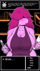 2girls breasts clothed clothing deltarune dialogue female female_only iced_latte_with_breast_milk meme nude_apron partially_clothed psychogoat solo_focus standing susie_(deltarune) text