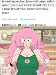 apron big_breasts breasts busty cartoon_network chubby_female gem_(species) hourglass_figure iced_latte_with_breast_milk large_breasts mabb maghost mature mature_female meme mother naked_apron nude_apron rose_quartz_(steven_universe) sideboob steven_universe tagme waitress waitress_uniform wide_hips