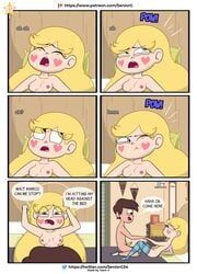 artstyle_imitation blonde_hair comic comic_page condom dark_skin disney disney_channel disney_xd english_text latino latino_male_white_female marco_diaz medium_breasts page_37 seniorg small_breasts star_butterfly star_vs_the_forces_of_evil stockings straight_hair teenager white_female